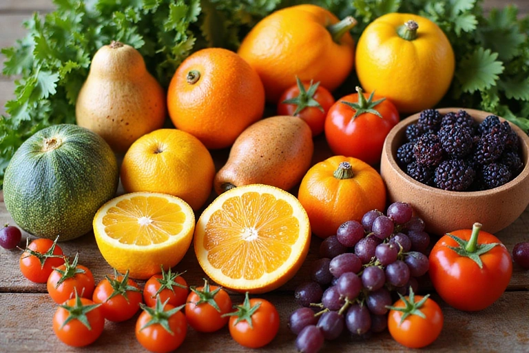 Aranjament colorat de fructe proaspete și legume, bogat în vitamine și antioxidanți.