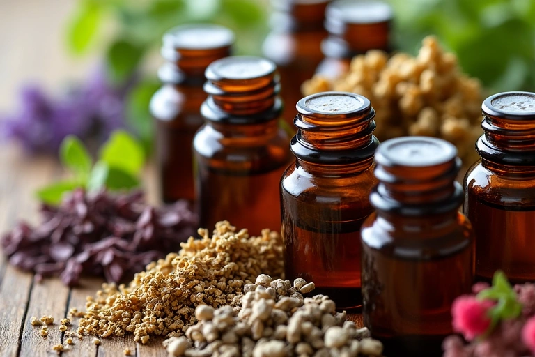 Close-up pe plante medicinale uscate și uleiuri esențiale, arătând diversitatea naturii.