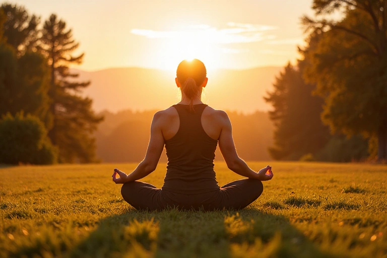Imagine cu o persoană practicând yoga în natură, simbolizând echilibrul și liniștea.