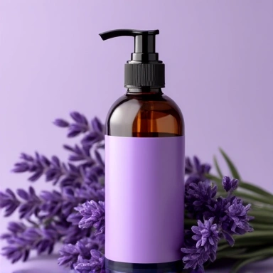 CalmEssence product bottle with a lavender and purple label, lavender flowers in background