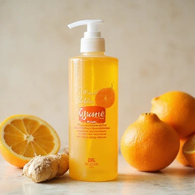 ImunoFort product bottle with a yellow and orange label, citrus fruits and ginger in background