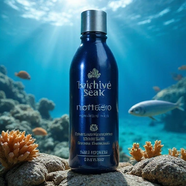 Omega 3 product bottle with a dark blue and silver label, fish and ocean waves in background